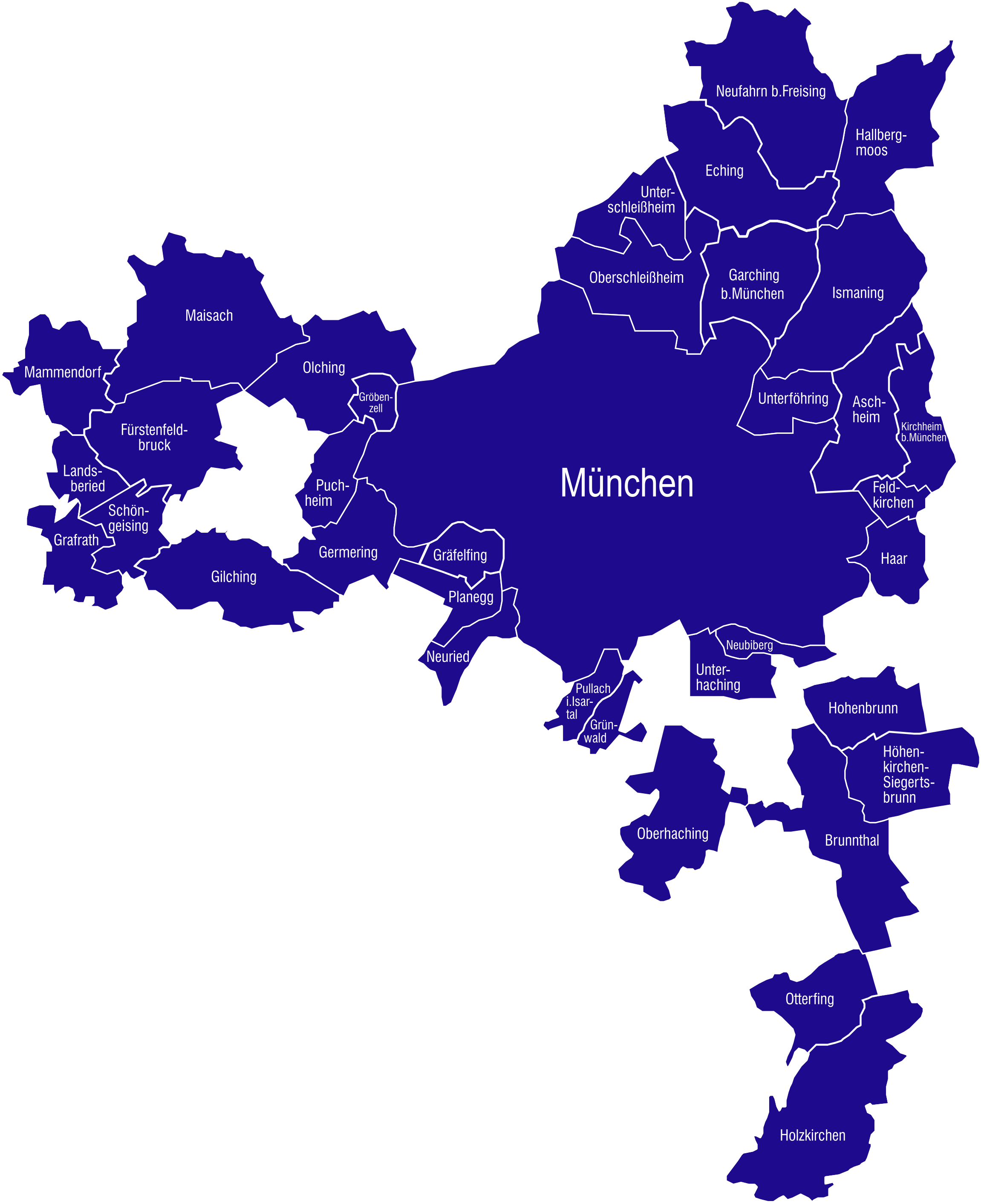 Bild vergr&ouml;&szlig;ern: Die Karte zeigt die an MyRadl beteiligten Kommunen. Diese sind:
Aschheim, Brunnthal, Eching, Feldkirchen, F&uuml;rstenfeldbruck, Garching, Germering, Gilching, Gr&auml;felfing, Grafrath, Gr&ouml;benzell, Gr&uuml;nwald, Haar, Hallbergmoos, Hohenbrunn, H&ouml;henkirchen-Siegertsbrunn, Holzkirchen, Ismaning, Kirchheim-Heimstetten, Landsberied, Maisach, Mammendorf, M&uuml;nchen, Neubiberg, Neufahrn, Neuried, Oberhaching, Oberschlei&szlig;heim, Olching, Otterfing, Planegg, Puchheim, Pullach, Sch&ouml;ngeising, Unterf&ouml;hring, Unterhaching, Unterschlei&szlig;heim